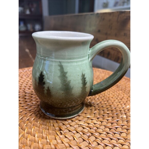 Unmarked Other - Studio Pottery Coffee Mug Green With Trees Signed 2006